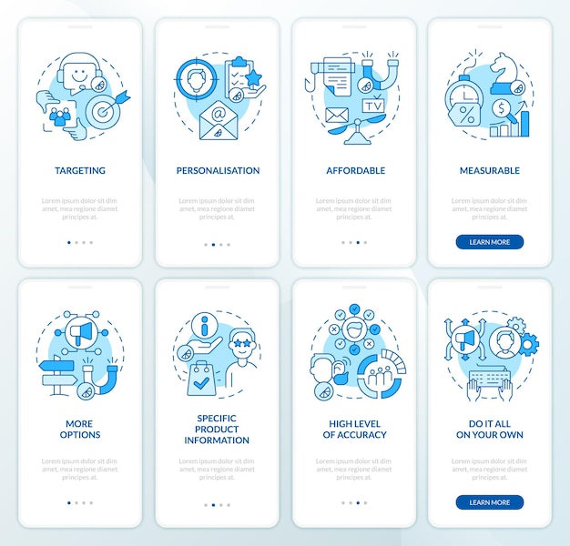 Vantaggi del marketing diretto set di schermate blu per l'onboarding dell'app mobile