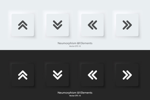 Directie teken Een set van zwarte en witte vierkante knoppen met richting symbolen De pijl omhoog naar beneden rechts links pictogram 3D Neumorfisme ontwerp stijl voor Apps Websites Interface en mobiele apps UI UX