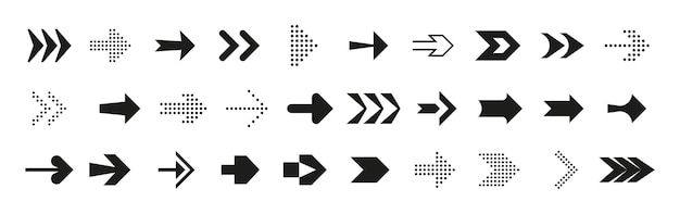 Frecce di direzione avanti indietro su e giù simboli dell'interfaccia raccolta di forme dinamiche sinistra o destra linea nera isolata o icone tratteggiate segni del menu dell'interfaccia utente set di puntatori di orientamento o navigazione vettoriale