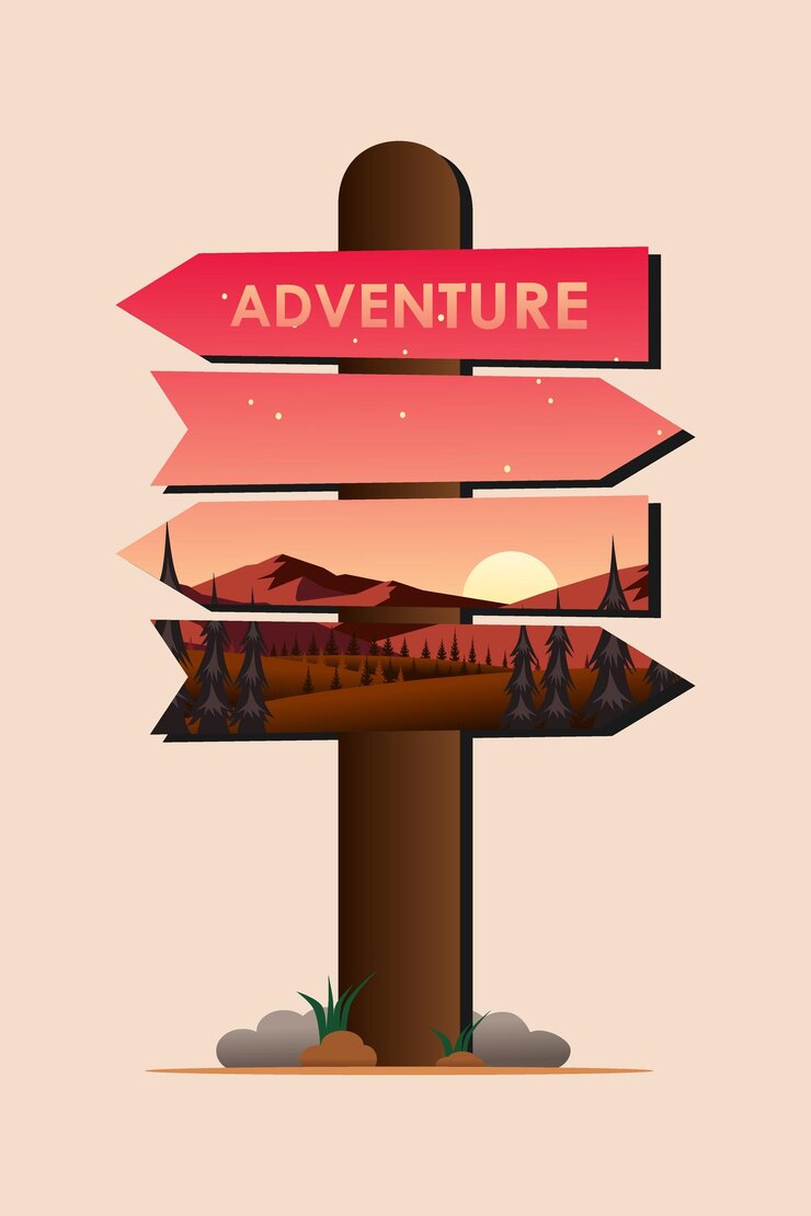 Vector direction signboard with sunset nature landscape adventure sign direction vector illustration