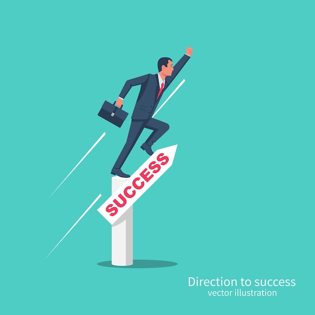 Vector direction to success. businessman jumps up the arrow with inspiration. vector illustration flat design. isolated on white background. way forward. career growth.