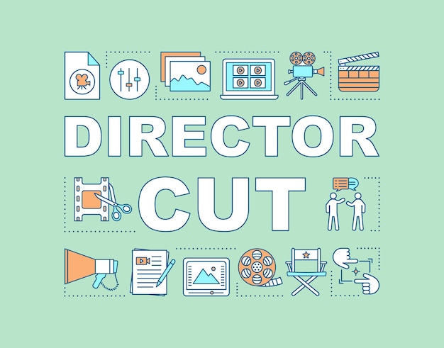 Director cut word concepts banner. Video post production. Final cut. Film making process. Presentation, website. Isolated lettering typography idea with linear icons. Vector outline illustration