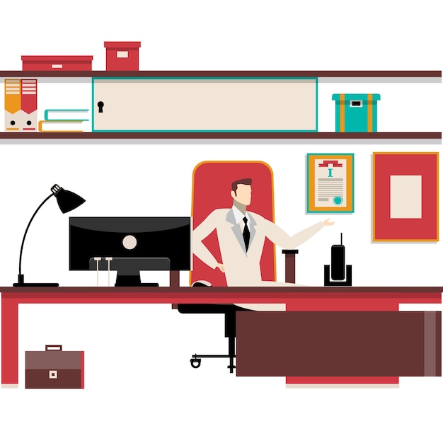 Director at office desk vector workspace icon