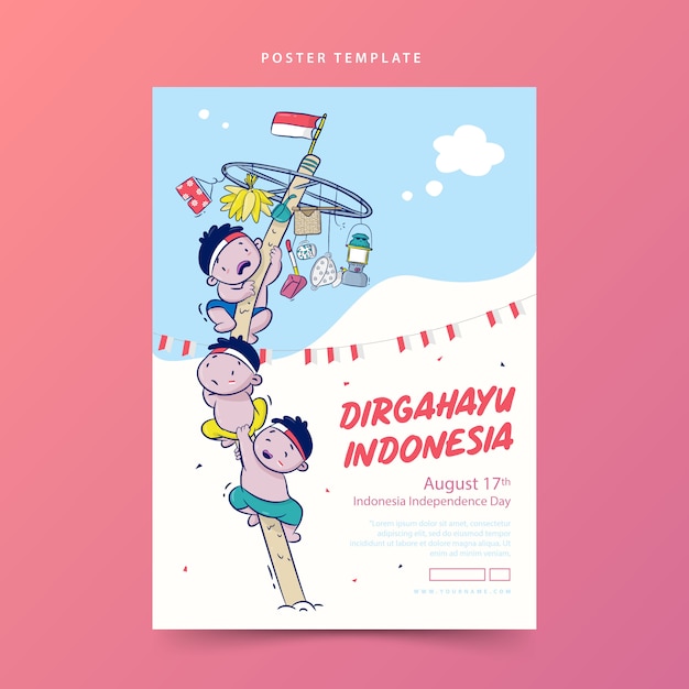 Dirgahayu or celebration Indonesia Independence Day poster with climbing slippery pole cartoon illustration