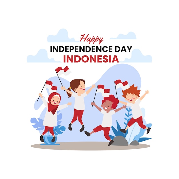 Dirgahayu republik indonesia illustrazione piatta bambini design felice