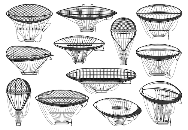 Dirigibili dirigibili e mongolfiera, aerotasti zeppelin aeronautici, icone. dirigibili dirigibili vintage, steampunk e mongolfiere, vecchio trasporto di volo retrò, aerei da viaggio aerostatici