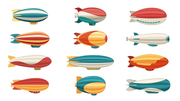 Dirigible Cartoon airship old travel transport industry retro balloon airplane flying helium air machine aircraft aviation concept Vector flat set