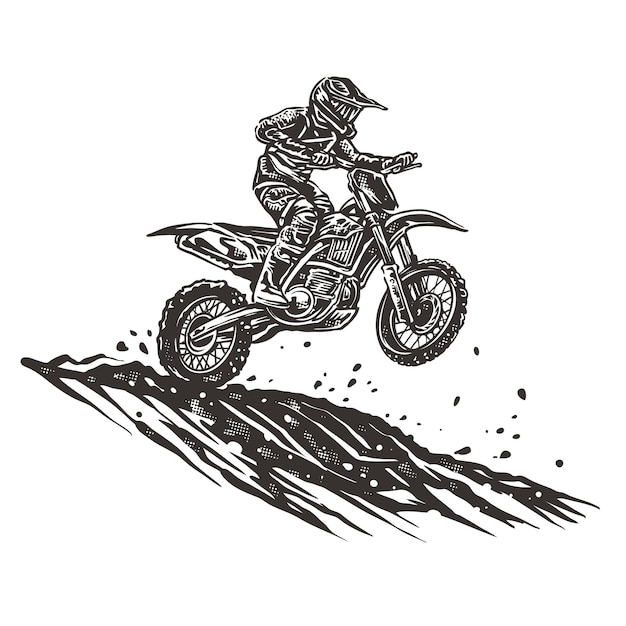 Грязный мотоциклетный мотокрос в действии на трассе с иллюстрацией в винтажном стиле