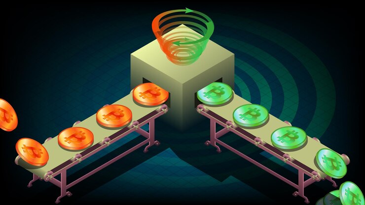 Vector dirty bitcoins on conveyor go through tornado cash and become clean in isometric view on dark background tornado cash is service for confidential transfer of cryptocurrency