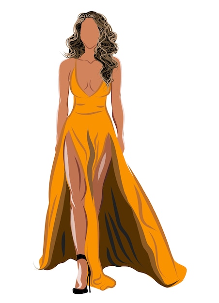 Vector dirty blonde haired woman in orange dress and black high heels
