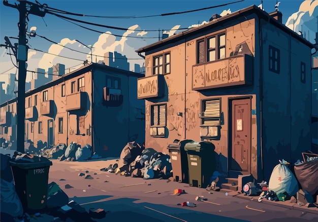 Dirty city street empty ghetto slum neighborhood area with poor houses buildings cartoon vector