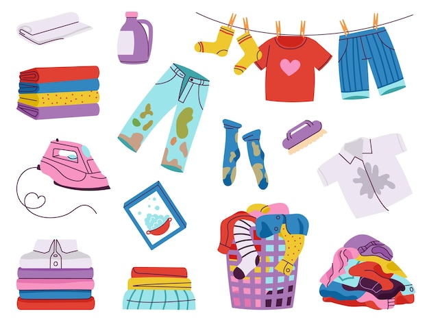 Vector dirty and clean laundry stains on children clothes in wash basket smelly sock messy pants and shirt cartoon cloth on rope decent vector clipart
