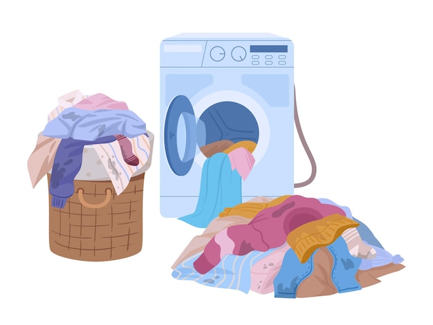 汚れた服 洗機の洗バスケットと汚れた服の積み重ね フラットベクトルイラスト 白の洗コンセプト