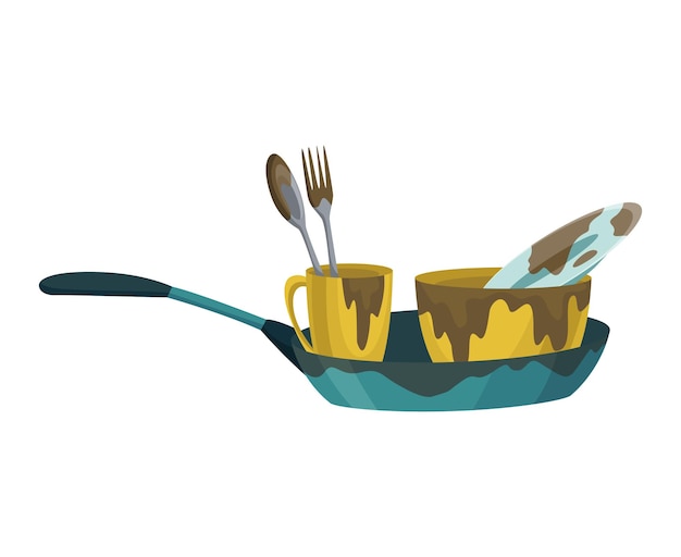 dirty dishes plates and cups saucepan with remains fat stains