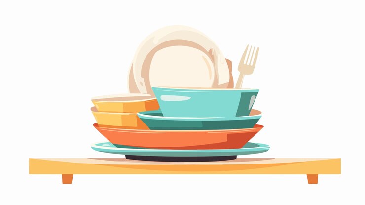 Vector dirty dishes stack on wooden table unwashed plates piled up