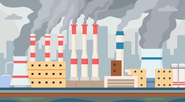 Грязный завод. воздух и вода загрязнены промышленным смогом. дымоход фабрики токсичным дымом загрязняет окружающую среду. векторный концепт загрязнения. производственные выбросы, химическое производство