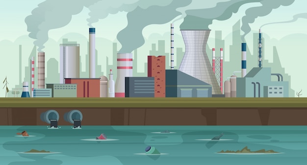 Vector dirty factory. trash and smoke from urban factory production river pollution city smog in sky concept background