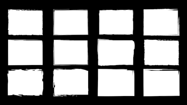 Dirty frames for design in grunge style. ink brush strokes. a set of distress textures of a square or rectangular shape. isolated backgrounds for design of text frames, posters, banners. black, white.