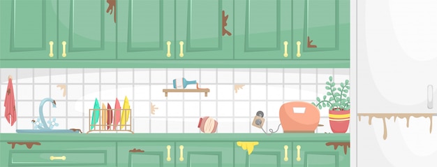 Dirty kitchen interior with wooden cabinets. dirty sink and dish, broken socket. flat illustration.