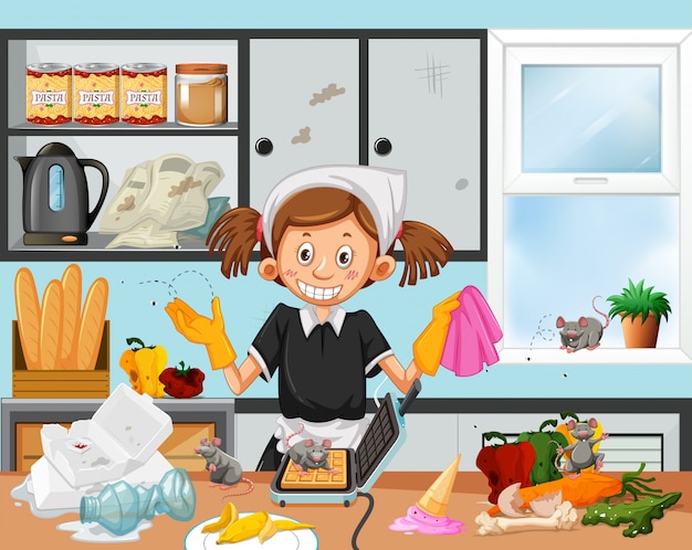 Vector dirty kitchen scene with housekeeper