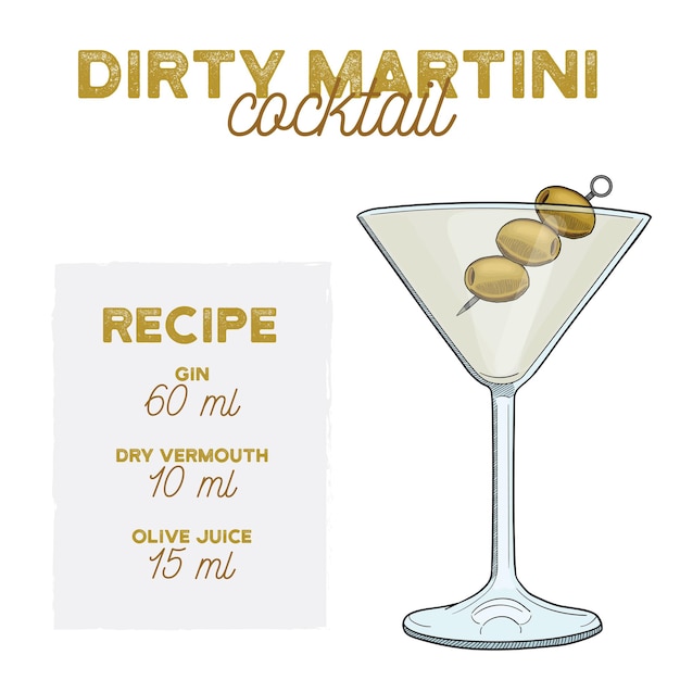 Vettore ricetta degli ingredienti della bevanda sporca di martini coktail