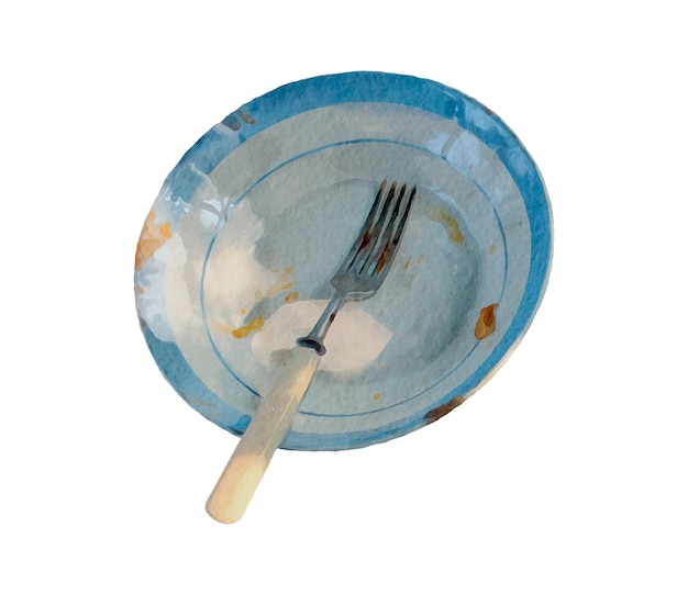 dirty plate with fork watercolor isolated element