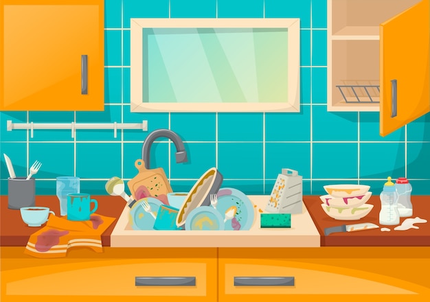 dirty sink with kitchenware of modern kitchen with furniture and utensils