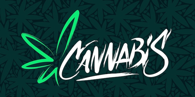 Vector dirty style abstract hand written word cannabis with cannabis leaf vector illustration art