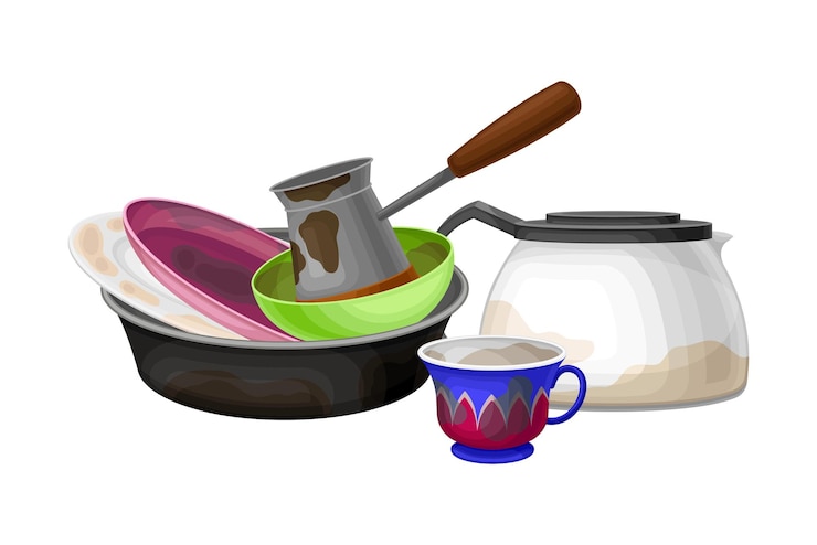 Vector dirty utensils and dishes piled for washing up vector illustration