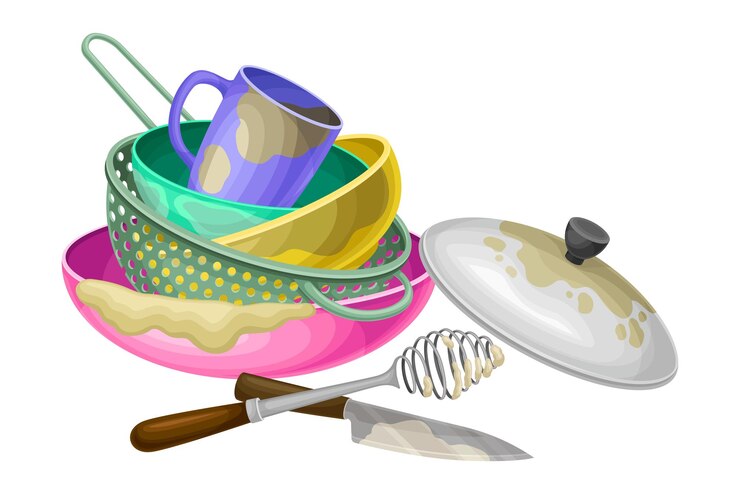 वेक्टर dirty utensils and dishes piled for washing up vector illustration
