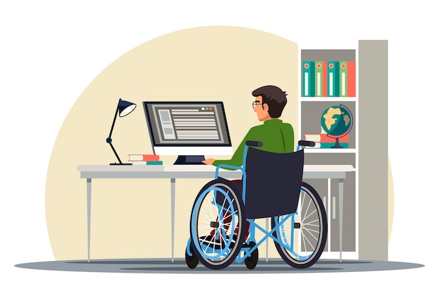 Vector disabilities people scene handicapped man in wheelchair working at computer in comfortable office