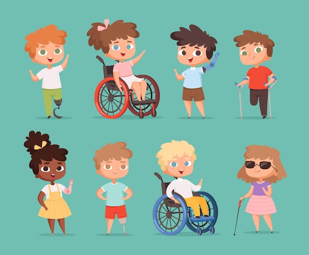 Disability children. kids sitting in wheelchairs handicapped little persons in school  cartoon illustrations.