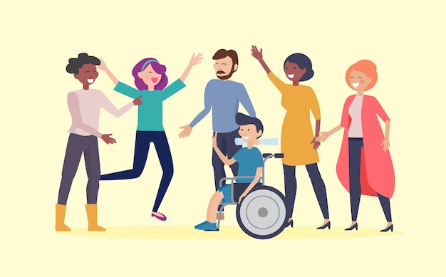 Vector disability day poster. happy disabled man in wheelchair and friends. equal opportunities and social adaptation for special needs people vector. illustration disabled in wheelchair, handicapped man