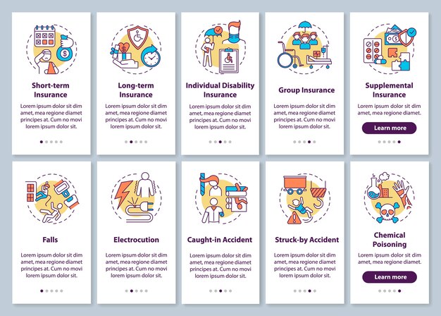 Vector disability insurance on boarding mobile app page screen with concepts set.