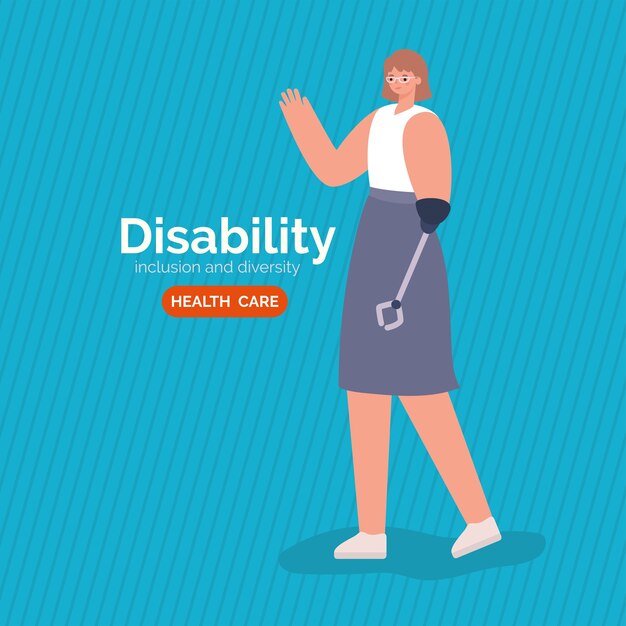 Fumetto della donna disabilità con protesi del braccio del tema della diversità di inclusione e dell'assistenza sanitaria.