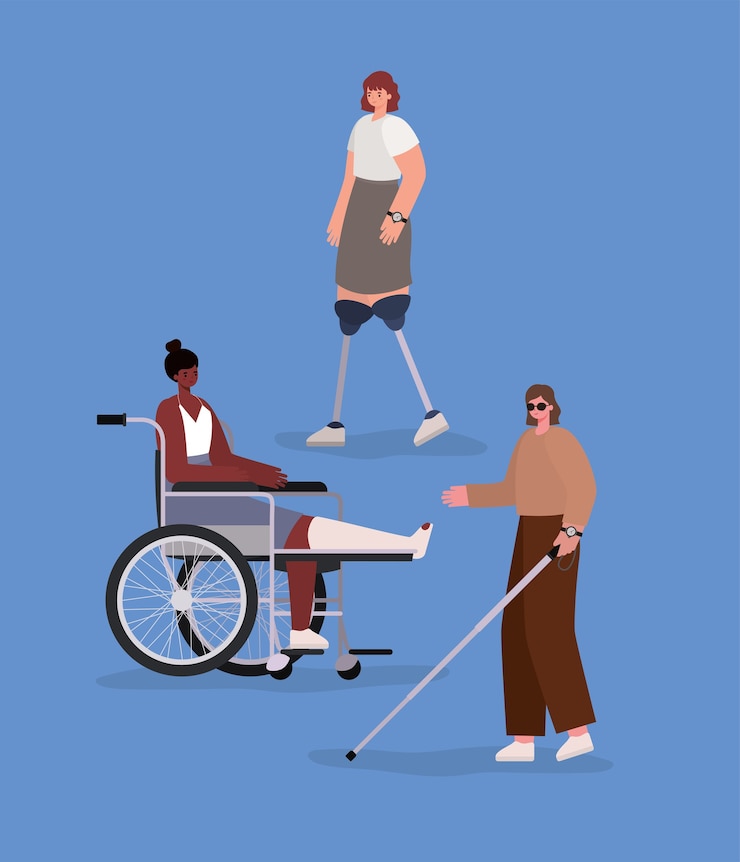 Vector disability women cartoons with wheelchair prosthesis cane and cast of inclusion diversity and health care theme.
