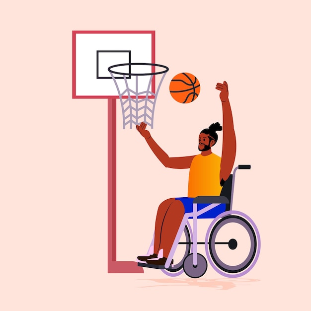 Vector disabled african american man in wheelchair play basketball people with disabilities physical activity rehabilitation concept