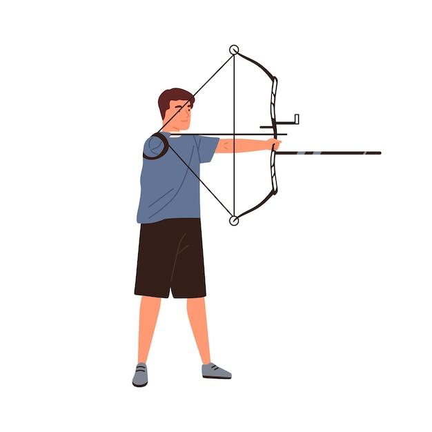 Disabled athlete archer aiming, hold sports bow vector flat illustration. sportsman with amputated hand use archery equipment with arrow isolated. handicapped guy para archer.