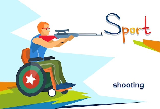 Vector disabled athlete on wheelchair shooting sport competition