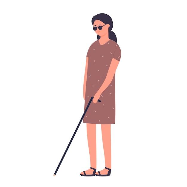 Слепая девочка-инвалид с тростью