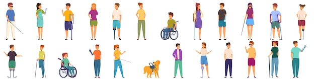 Vector disabled children icons set cartoon vector family handicapped kids