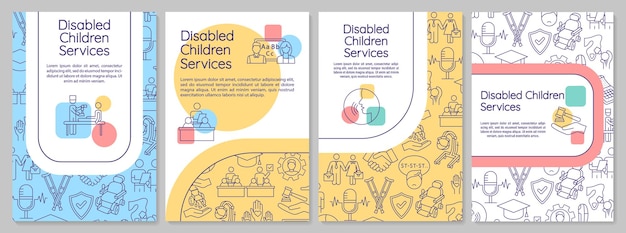 장애 아동 서비스 브로셔 템플릿입니다. 장애인을 위한 프로그램. 전단지, 소책자, 전단지 인쇄, 선형 아이콘이 있는 표지 디자인. 잡지, 연례 보고서, 광고 포스터용 벡터 레이아웃