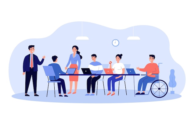 disabled employee in wheelchair engaged in corporate meeting and conversation