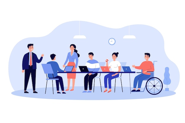 Disabled employee in wheelchair engaged in corporate meeting and conversation