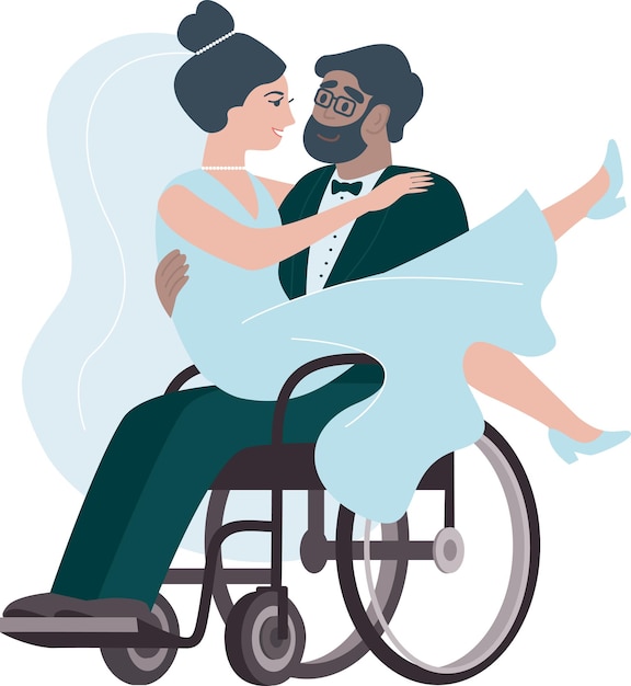 Sposo disabile in sedia a rotelle che porta la sua sposa sulle ginocchia