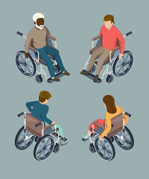 Disabled male and female people setting in wheelchairs. isolated isometric vector illustrations