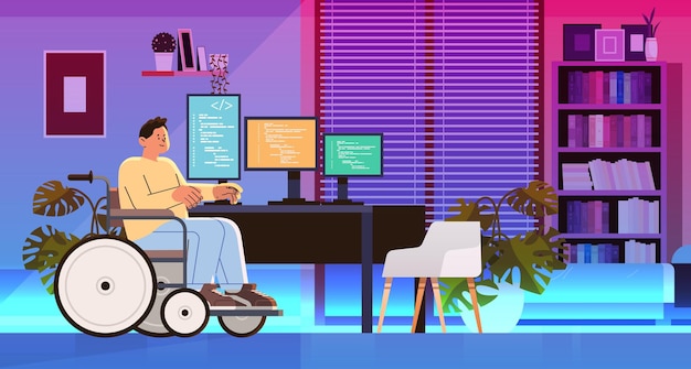 Vector disabled man programmer in wheelchair sitting at workplace software development people with disabilities concept modern living room interior horizontal vector illustration