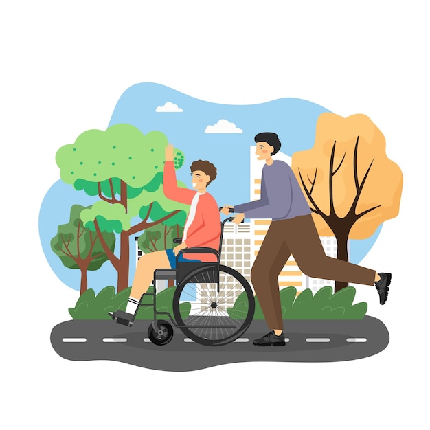 Vettore uomo disabile utilizzando sedia a rotelle godendo passeggiata nel parco cittadino con il suo amico, illustrazione vettoriale piatta. giovane che spinge sedia a rotelle.