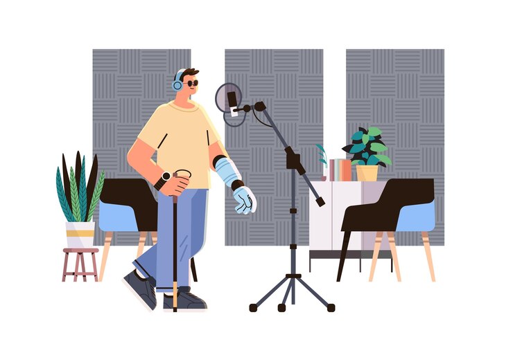 Vector disabled man voice over artist recording music in studio people with disabilities concept
