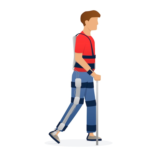 Disabled man walking with medical exoskeleton